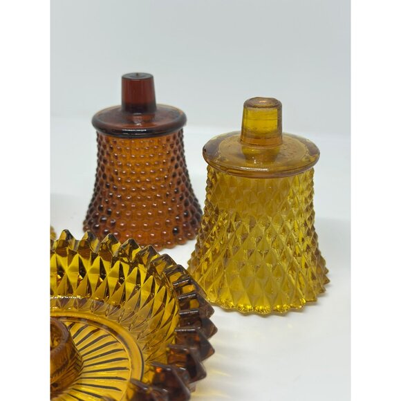 VTG Set of 4 Peg/Candle Holder Diamond Point Brown Amber Votive Cups Glass READ - Picture 4 of 10